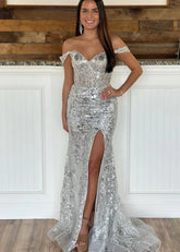 Cynthia | Off the Shoulder Gold Mermaid Sequin Corset Prom Dress with Slit - Silver - PromDressClub